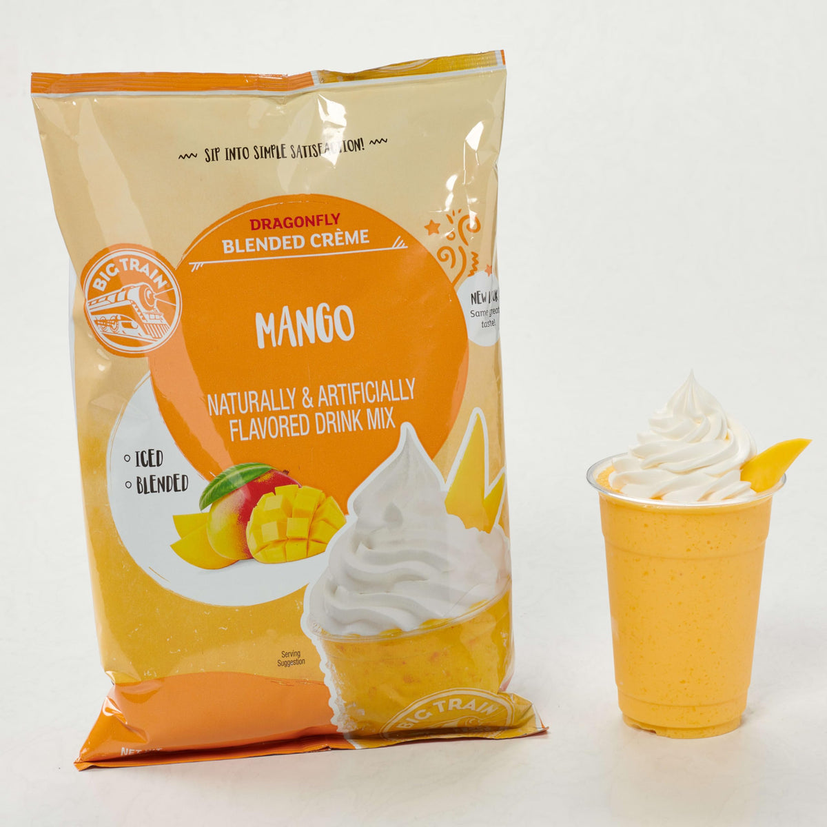 Big Train Dragonfly Mango Frappé hot in a mug for warmth