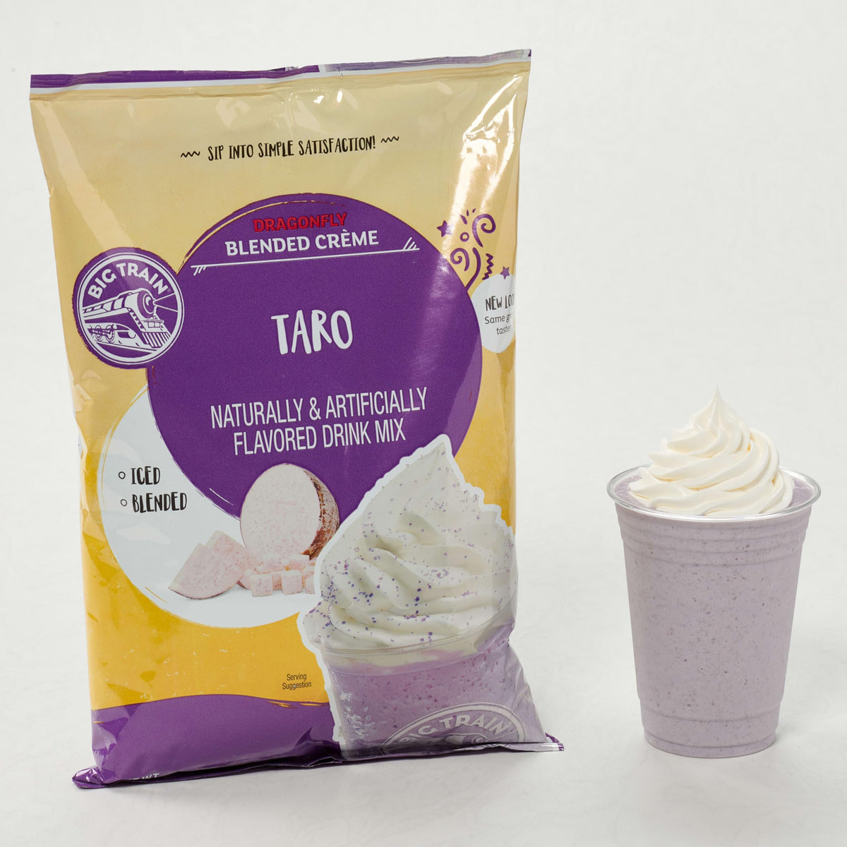 Top with whipped cream for a dessert-like Dragonfly taro frappé