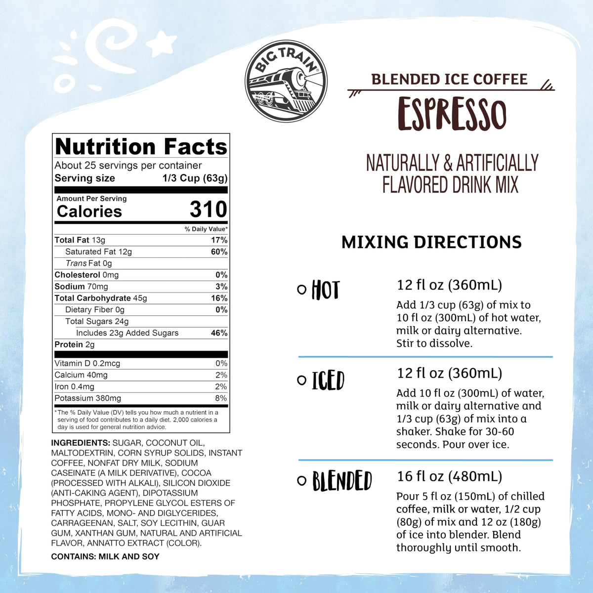 Big Train Espresso Blended Ice Coffee Mix ingredients laid out for easy prep