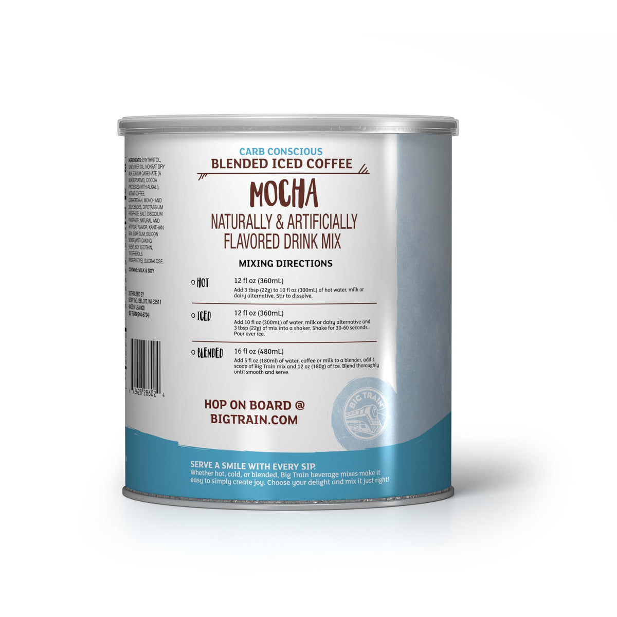 Big Train Low Carb Mocha cafe-counter setting; ready-to-serve at home or cafe.