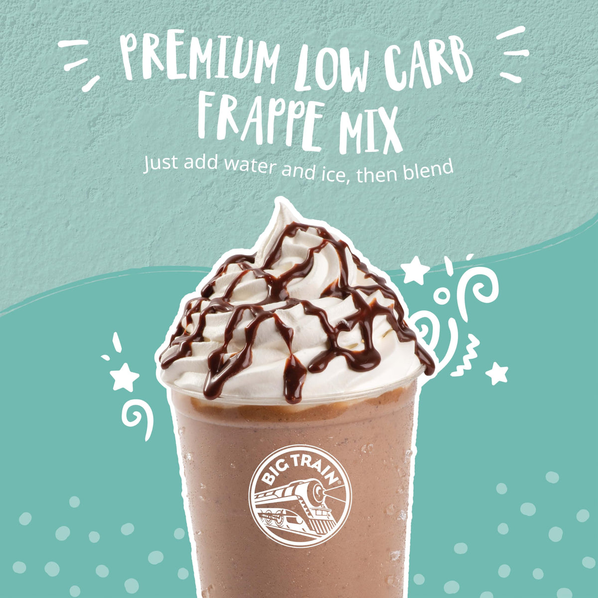 Big Train Low Carb Mocha iced frappe cup; creamy chocolate flavor in every sip.