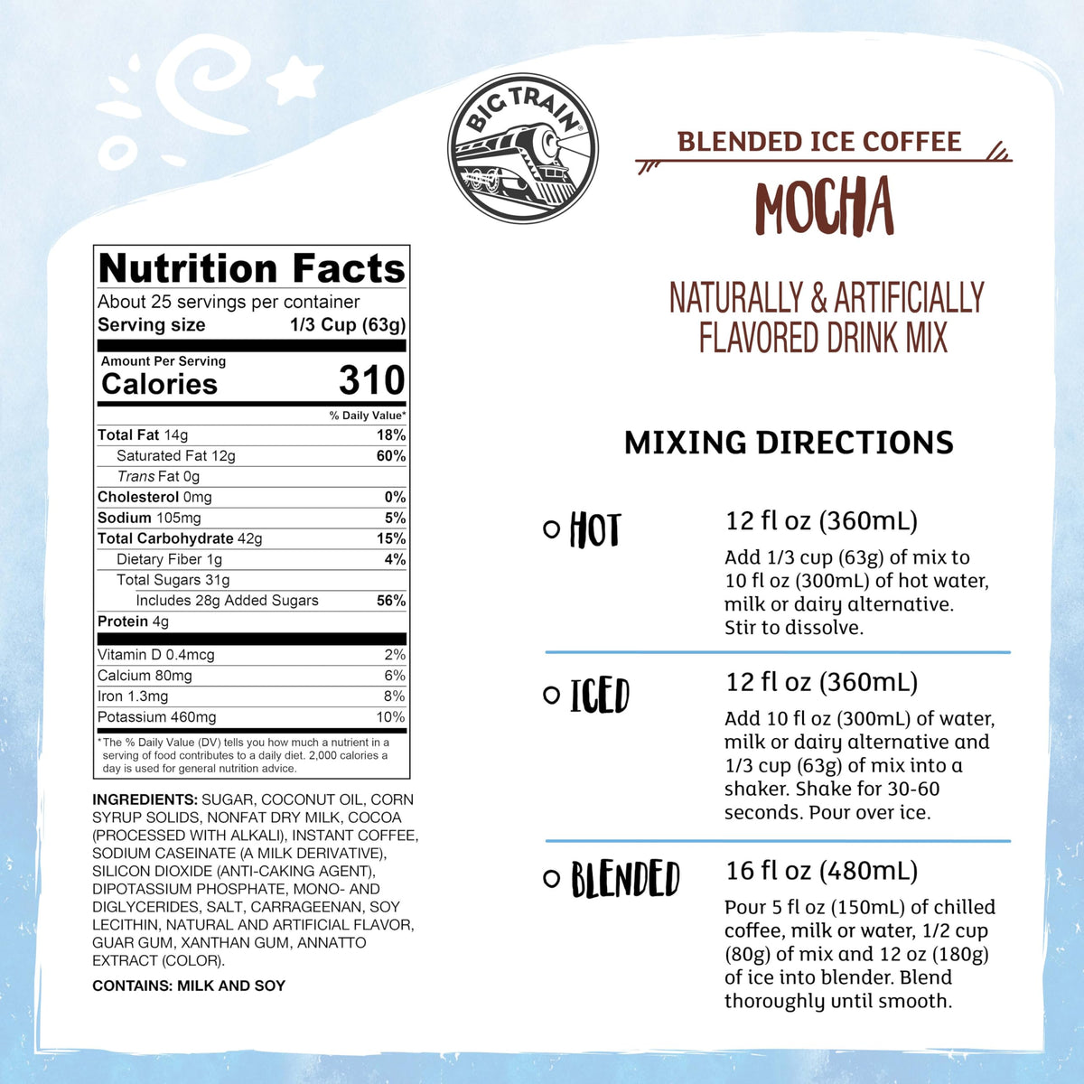 Ingredients close-up of Big Train Mocha Blended Ice Coffee Mix, showcasing quality