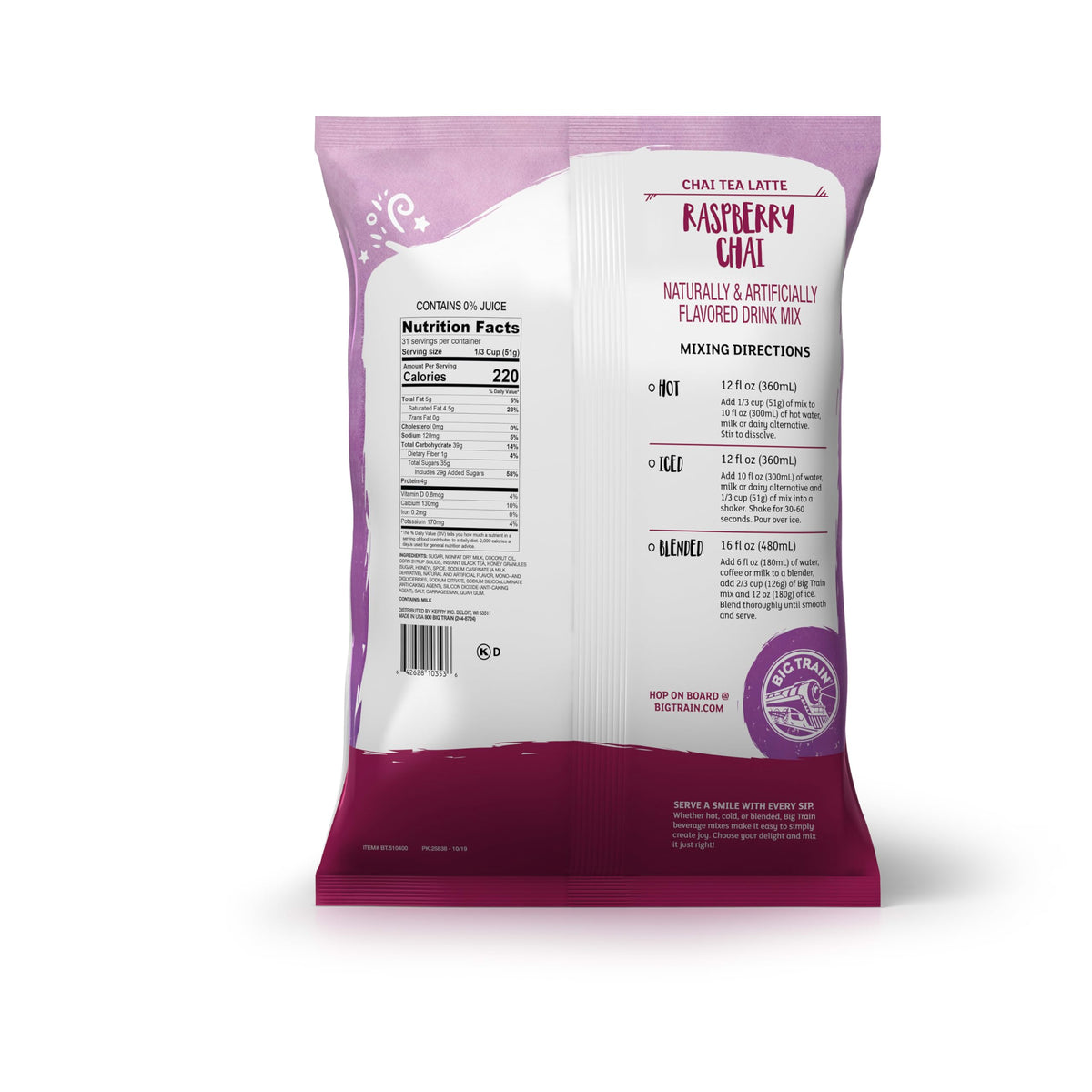 Pouring Big Train Raspberry Chai Tea Latte mix enables fast service and consistency.