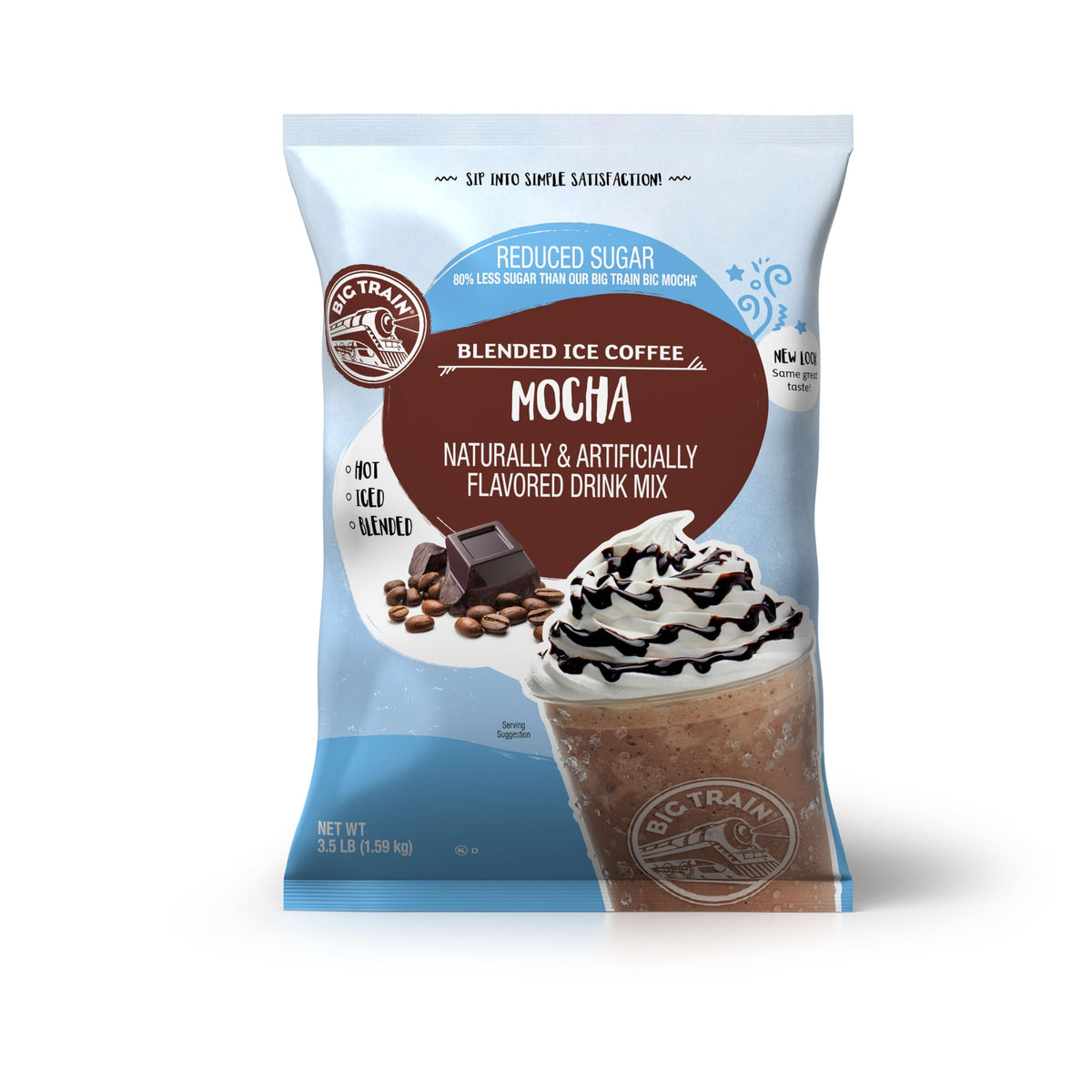 Big Train Reduced Sugar Mocha blend bottle pour showcases quick, creamy prep.