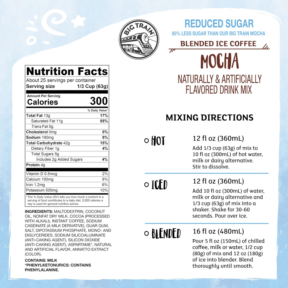 Big Train Reduced Sugar Mocha mix on shelf indicates a convenient ready-to-mix solution.