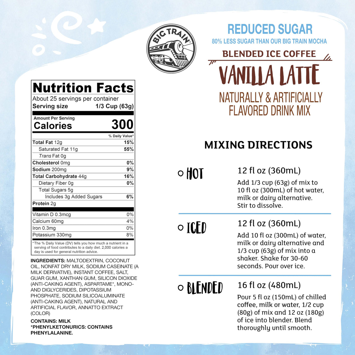 Big Train Reduced Sugar Vanilla Latte mix pouch, ideal for hot, iced, or blended drinks.
