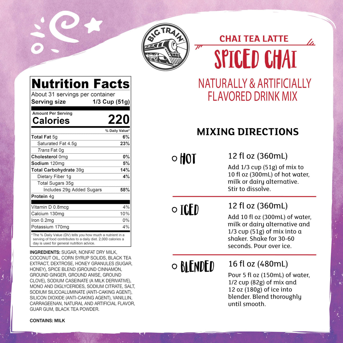 Scoop of Big Train chai mix for quick, consistent latte prep.