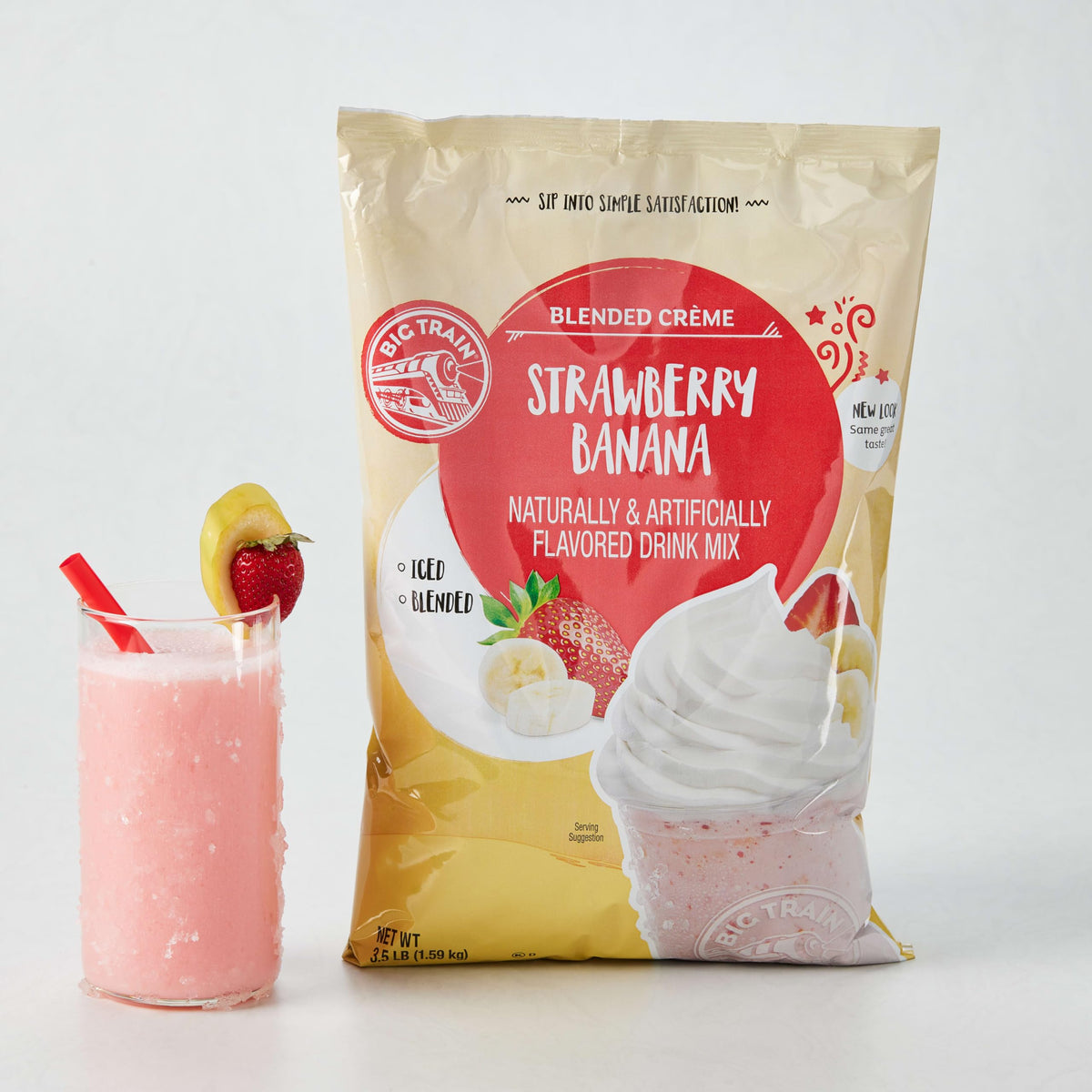 Big Train Strawberry Banana Bl blended Creme in blender with ice.
