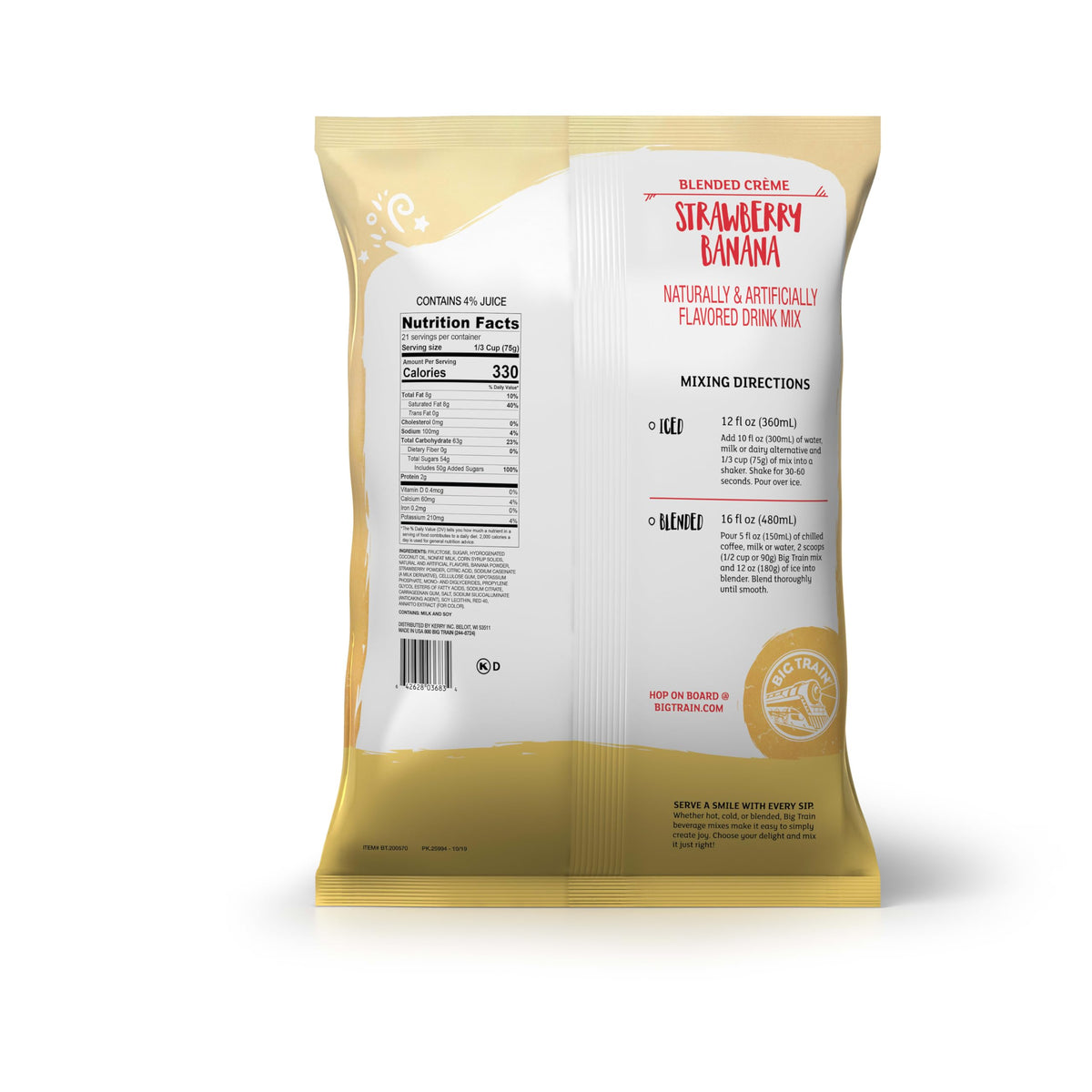 Chilled Big Train Strawberry Banana Bl blended Creme served over ice.