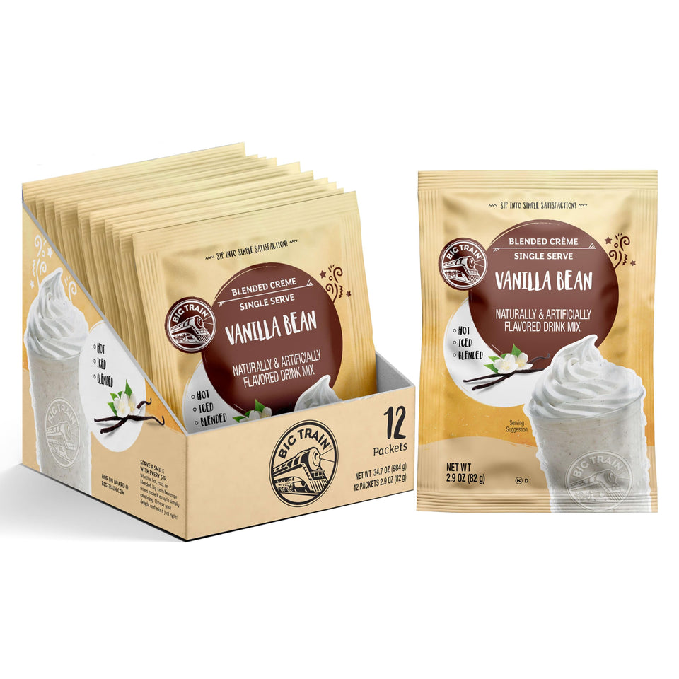 Big Train Vanilla Bean Blended Creme Mix sachet closeup with vanilla flecks for rich flavor.