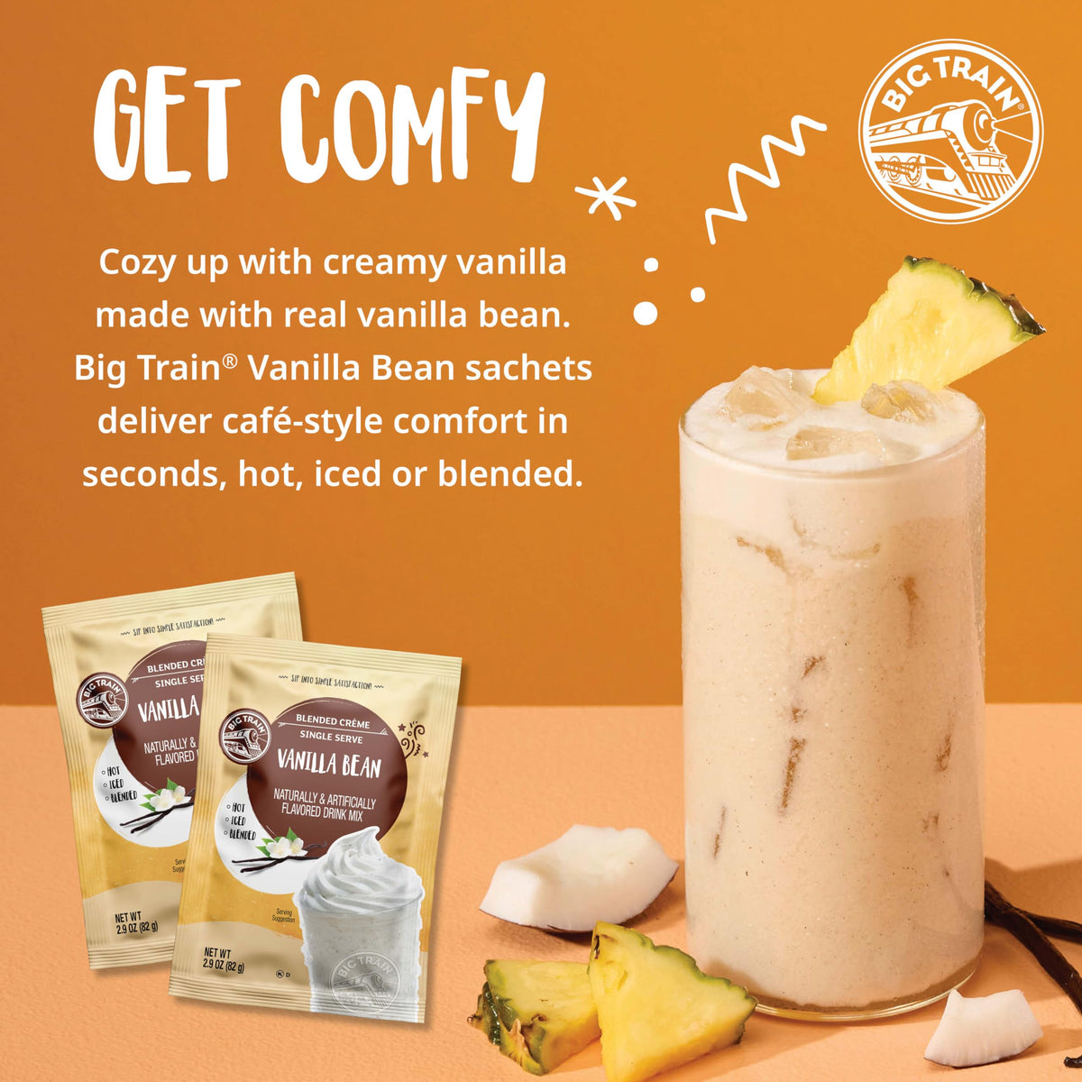 Big Train Vanilla Bean frappé iced coffee in glass for refreshing at-home cold option.