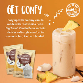 Big Train Vanilla Bean frappé iced coffee in glass for refreshing at-home cold option.