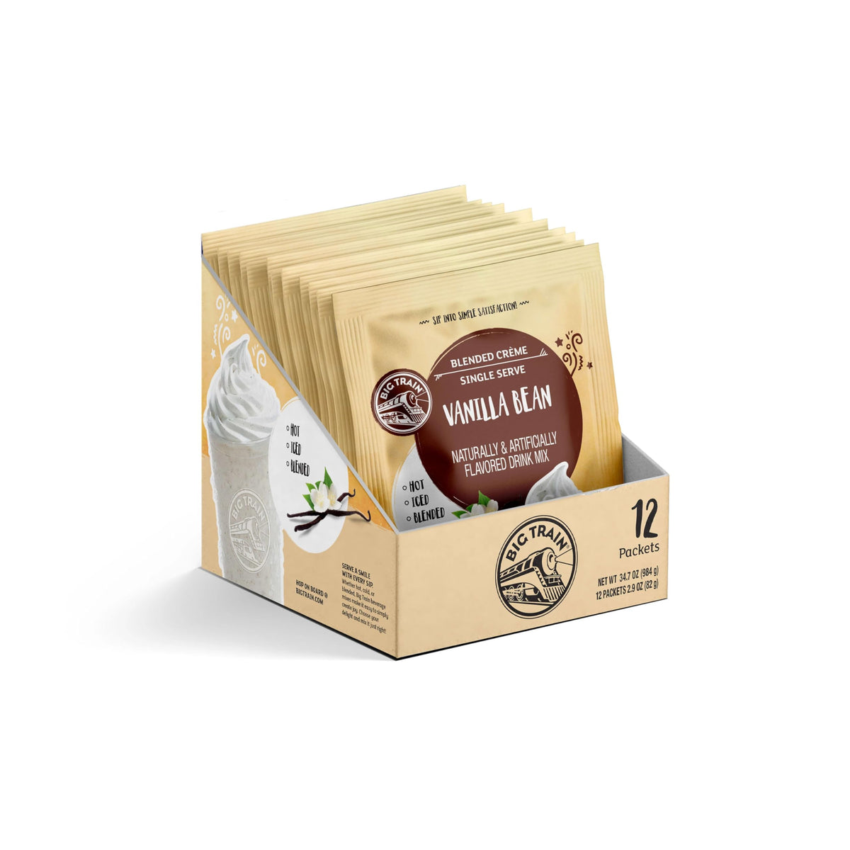 Big Train Vanilla Bean packaging closeup on shelf.