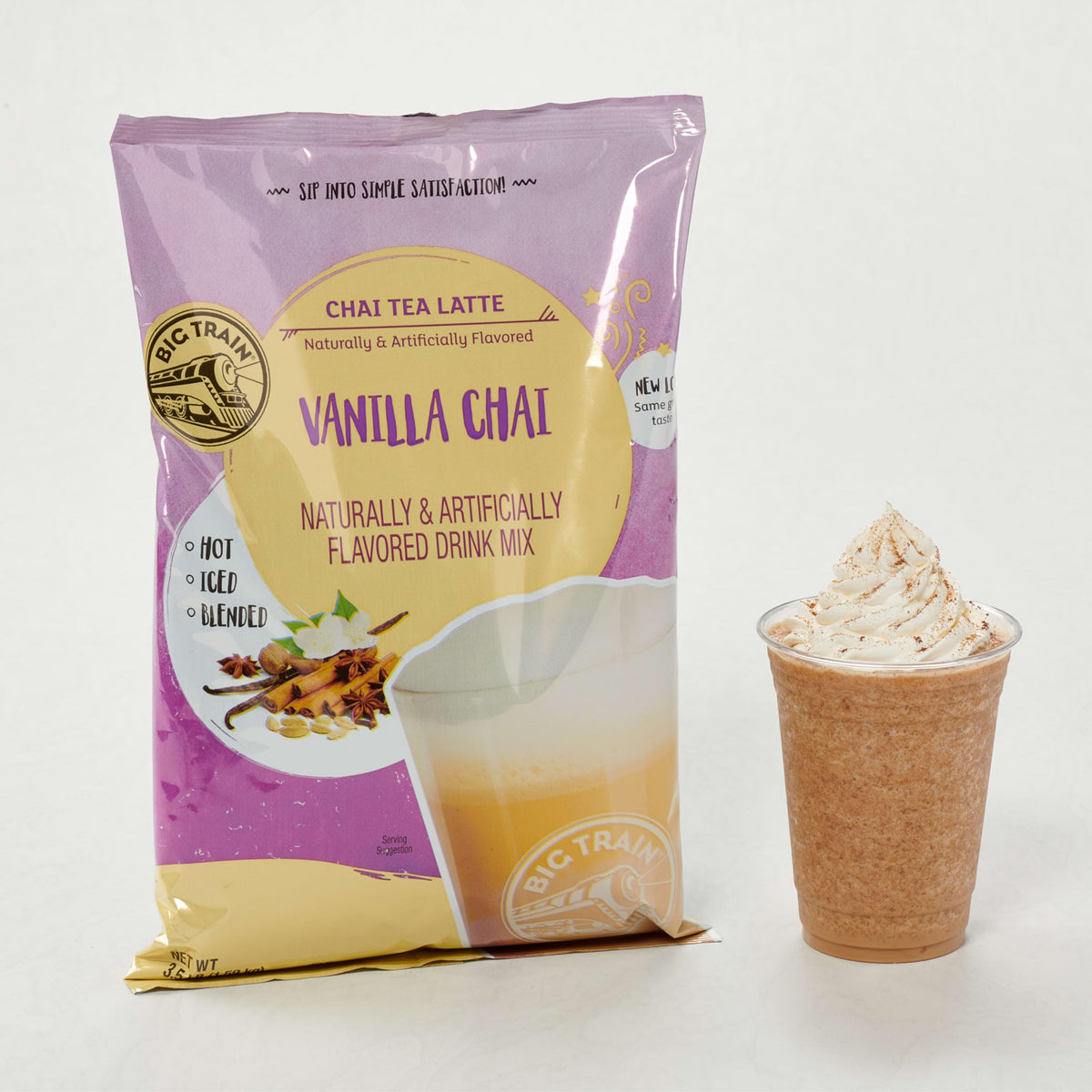 Big Train Vanilla Chai Tea Latte Mix iced glass offers refreshing vanilla chai flavor.