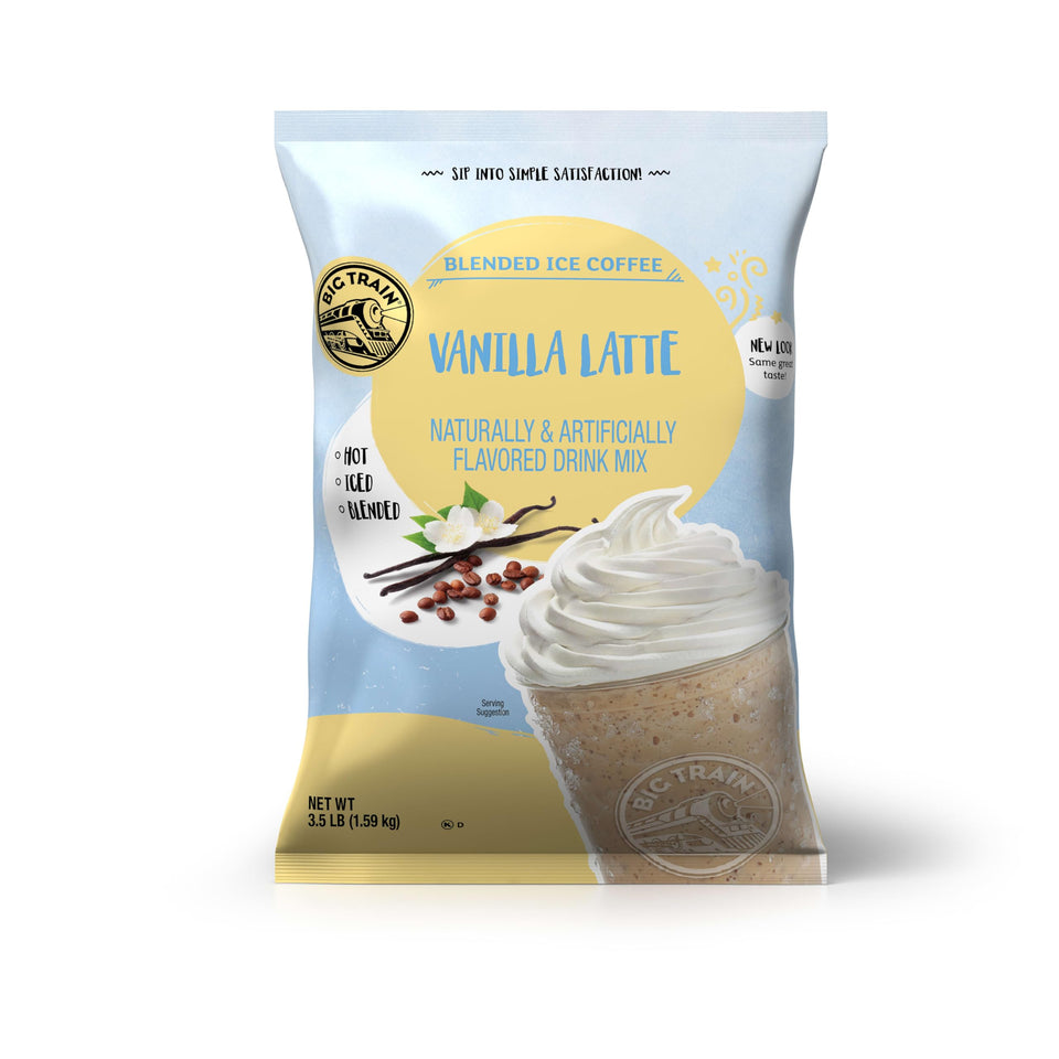 Big Train Vanilla Latte blended ice coffee mix shown for at-home frappes, easy to prepare