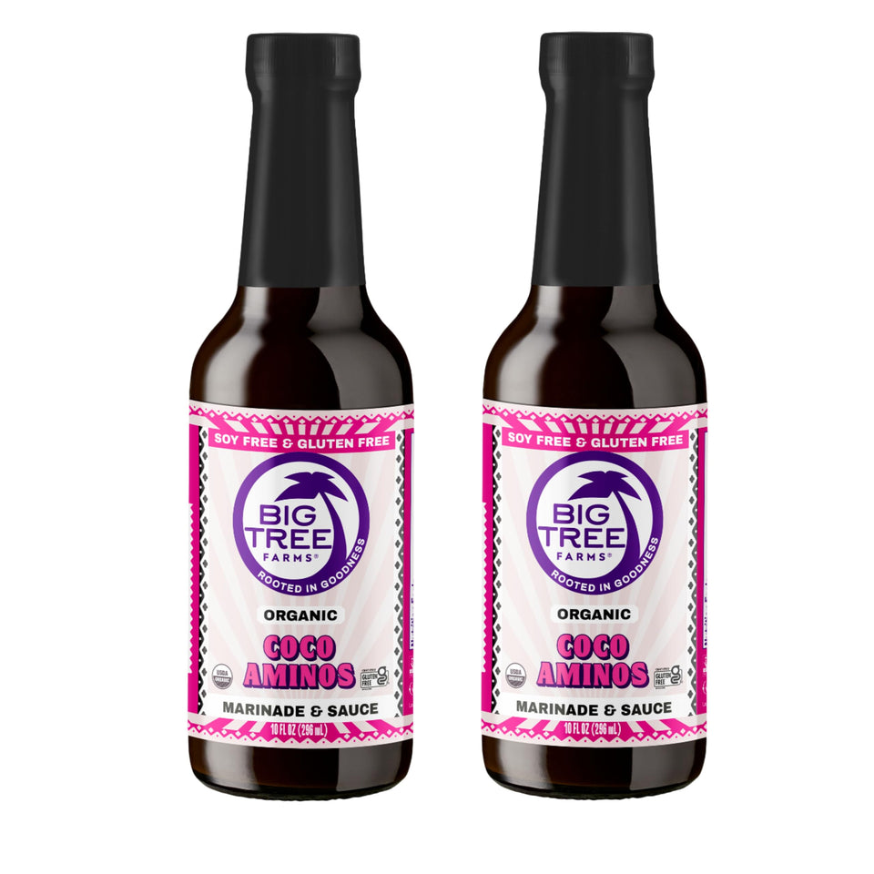Big Tree Farms Coco Aminos bottle front view, soy-free seasoning for savory meals.
