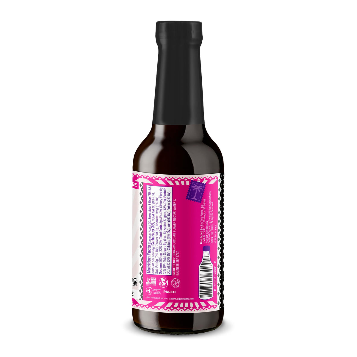 Close-up of Coco Aminos label, organic ingredients and low-sodium appeal.