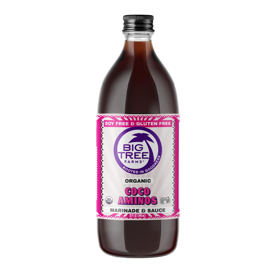 Big Tree Farms Coco Aminos bottle closeup for soy-free gluten-free seasoning