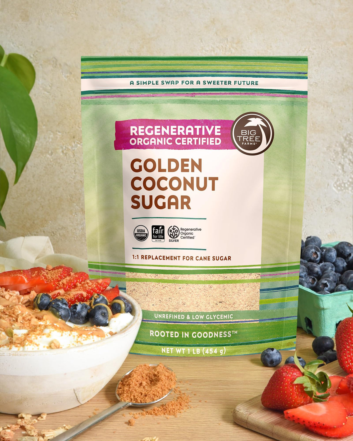 Two-pack of Big Tree Farms Coconut Sugar on a kitchen counter