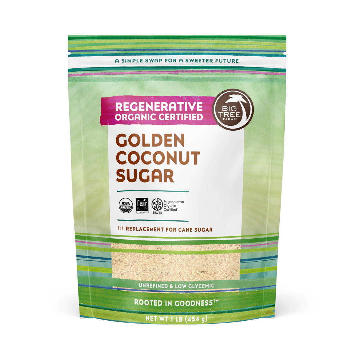 Big Tree Farms Organic Golden Coconut Sugar bottle on shelf showing 1:1 cane sugar substitute potential