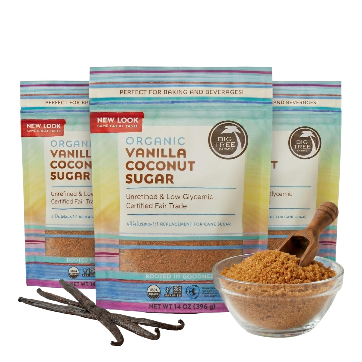 Big Tree Farms vanilla coconut sugar packaging on kitchen shelf, ready for everyday use