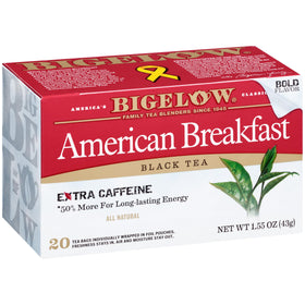 Bigelow American Breakfast tea bags in foil wrap for peak freshness and portability.