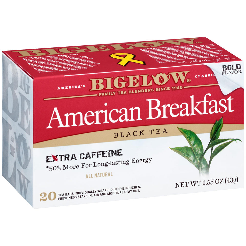 Bigelow American Breakfast tea bags in foil wrap for peak freshness and portability.