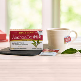 Front view of Bigelow American Breakfast tea box showing 20-count packaging.