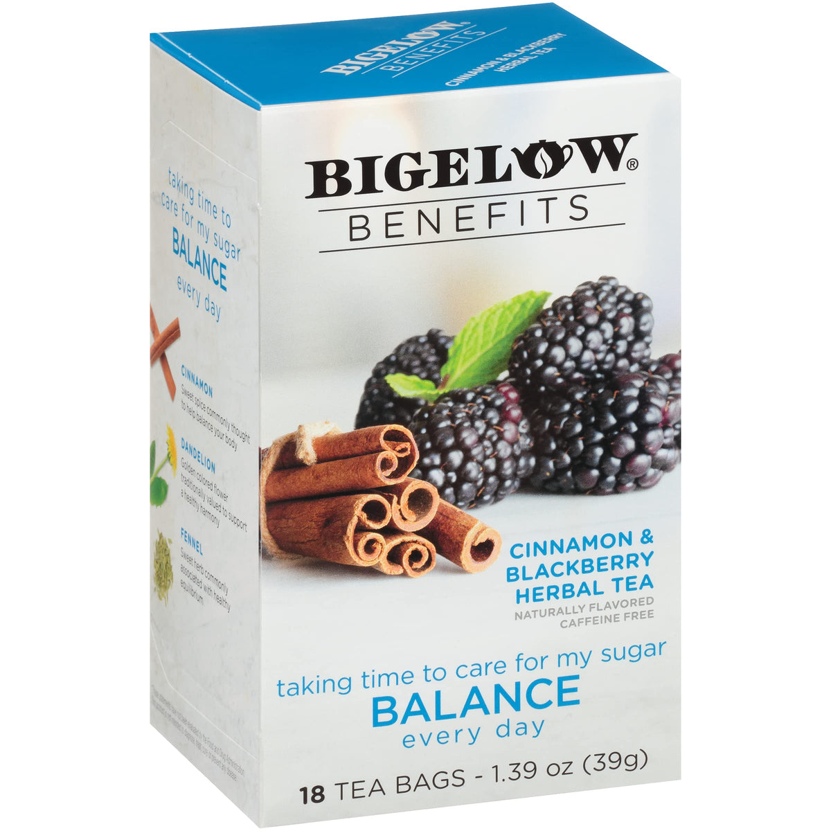 Bigelow Benefits Balance Cinnamon and Blackberry tea pack, six boxes ready for daily use.