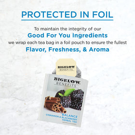 Bigelow Benefits Balance tea box front presents inviting cinnamon and blackberry notes.