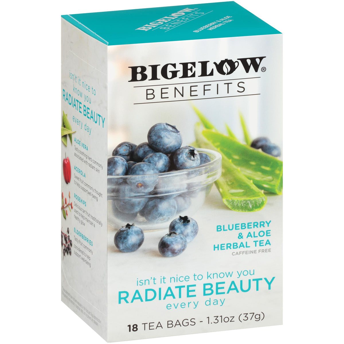 Bigelow Benefits Blueberry & Aloe Tea pack with 6 boxes on a shelf