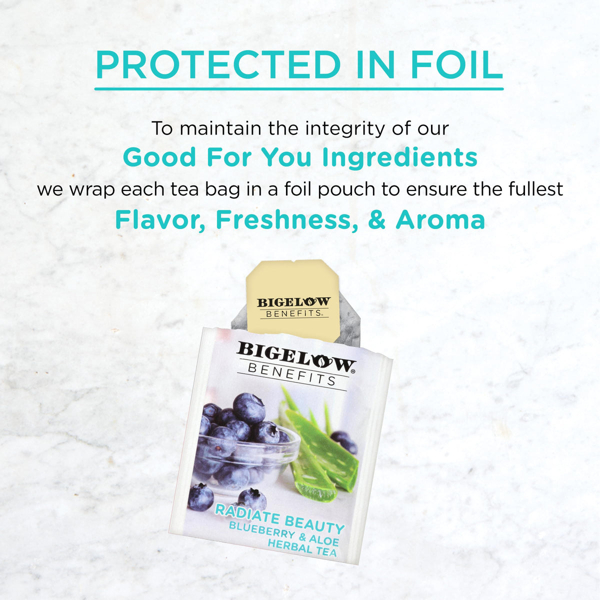 Stack of Bigelow Benefits Blueberry & Aloe tea bags