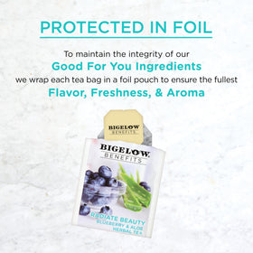 Stack of Bigelow Benefits Blueberry & Aloe tea bags