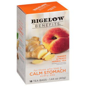Bigelow Benefits Calm Stomach Ginger Peach tea pack with tummy-soothing flavor.