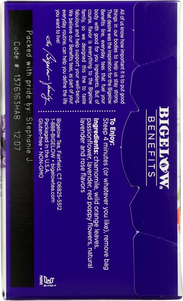 Bigelow Benefits Chamomile Lavender Tea cup steeping with floral aroma.