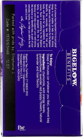 Bigelow Benefits Chamomile Lavender Tea cup steeping with floral aroma.
