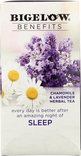 Bigelow Benefits Chamomile Lavender Tea on a kitchen table signaling a calm moment.