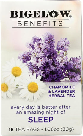 Bigelow Benefits Chamomile Lavender Tea box on a shelf, inviting relaxation.