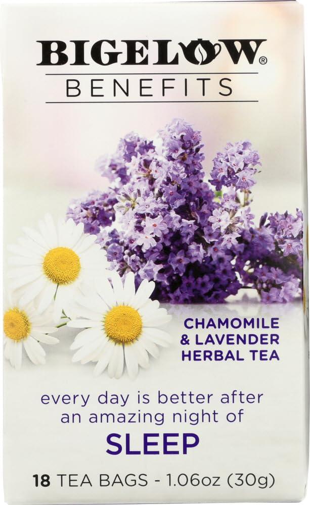 Bigelow Benefits Chamomile Lavender Tea box on a shelf, inviting relaxation.