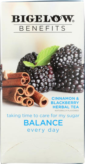 Two boxes of Bigelow Benefits Cinnamon Blackberry tea on a kitchen shelf.