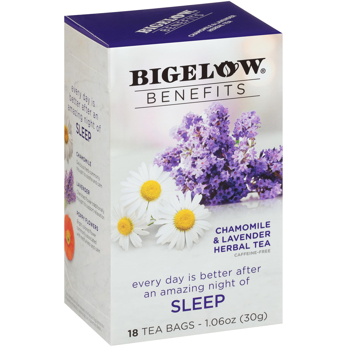 Bigelow Benefits Sleep tea bag close-up with lavender and chamomile aroma for relaxing evenings