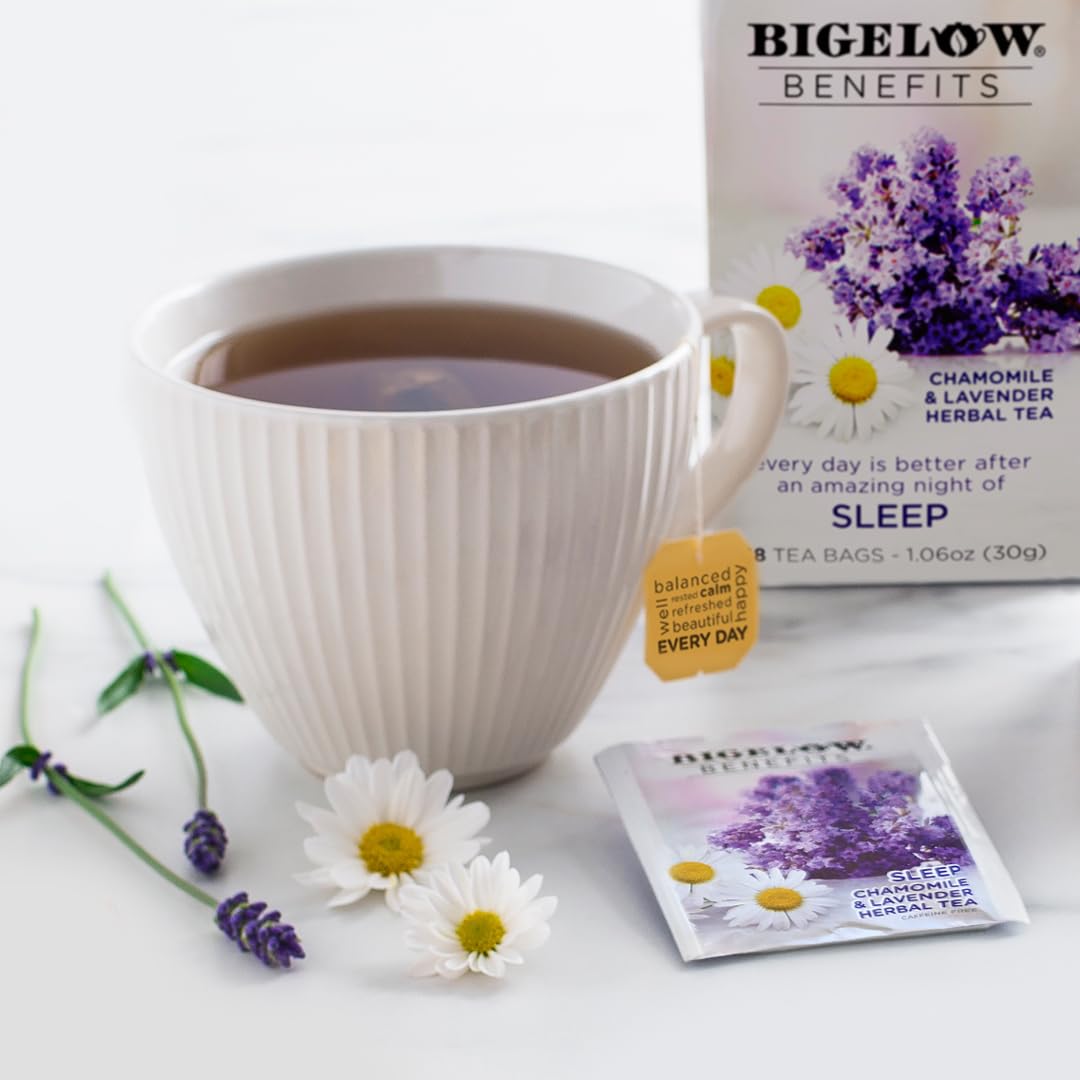 Bigelow Benefits Sleep Tea cup steeped, showcasing calming floral notes for bedtime routine
