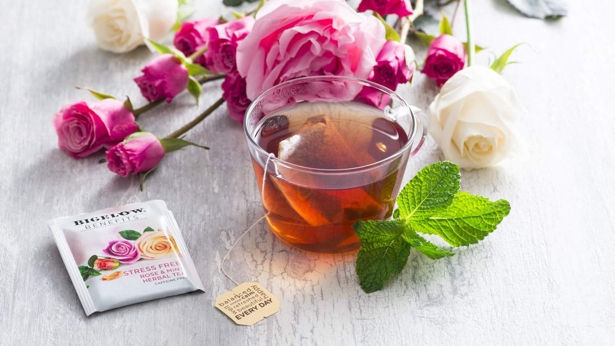 Package notes caffeine-free benefit on Bigelow tea packaging for easy selection
