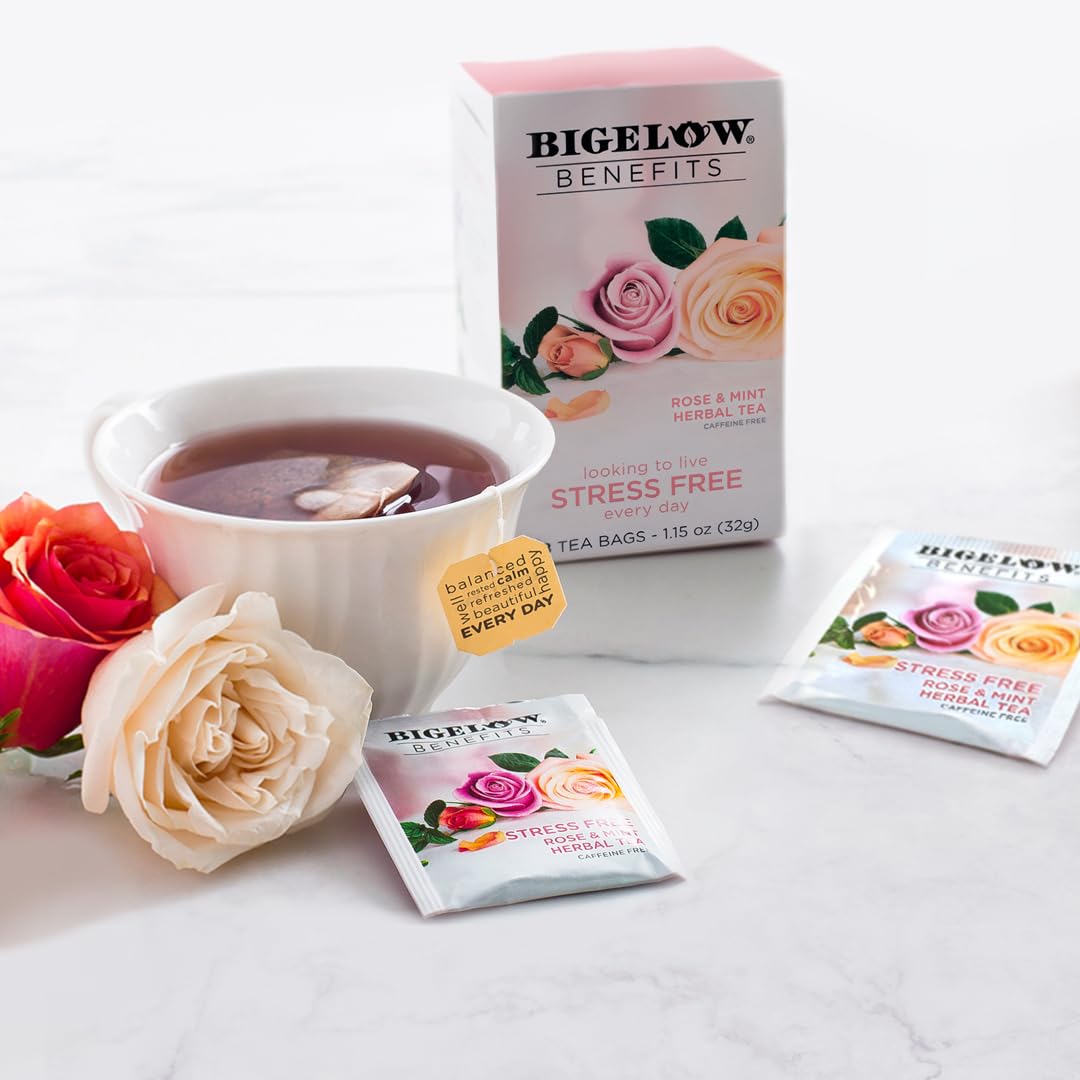 Bigelow Benefits Stress Free Rose & Mint tea steeping in a mug for a soothing moment