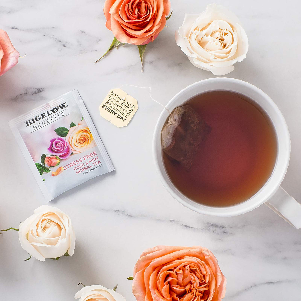 Six-pack display of Bigelow Benefits stress-free tea on store shelf