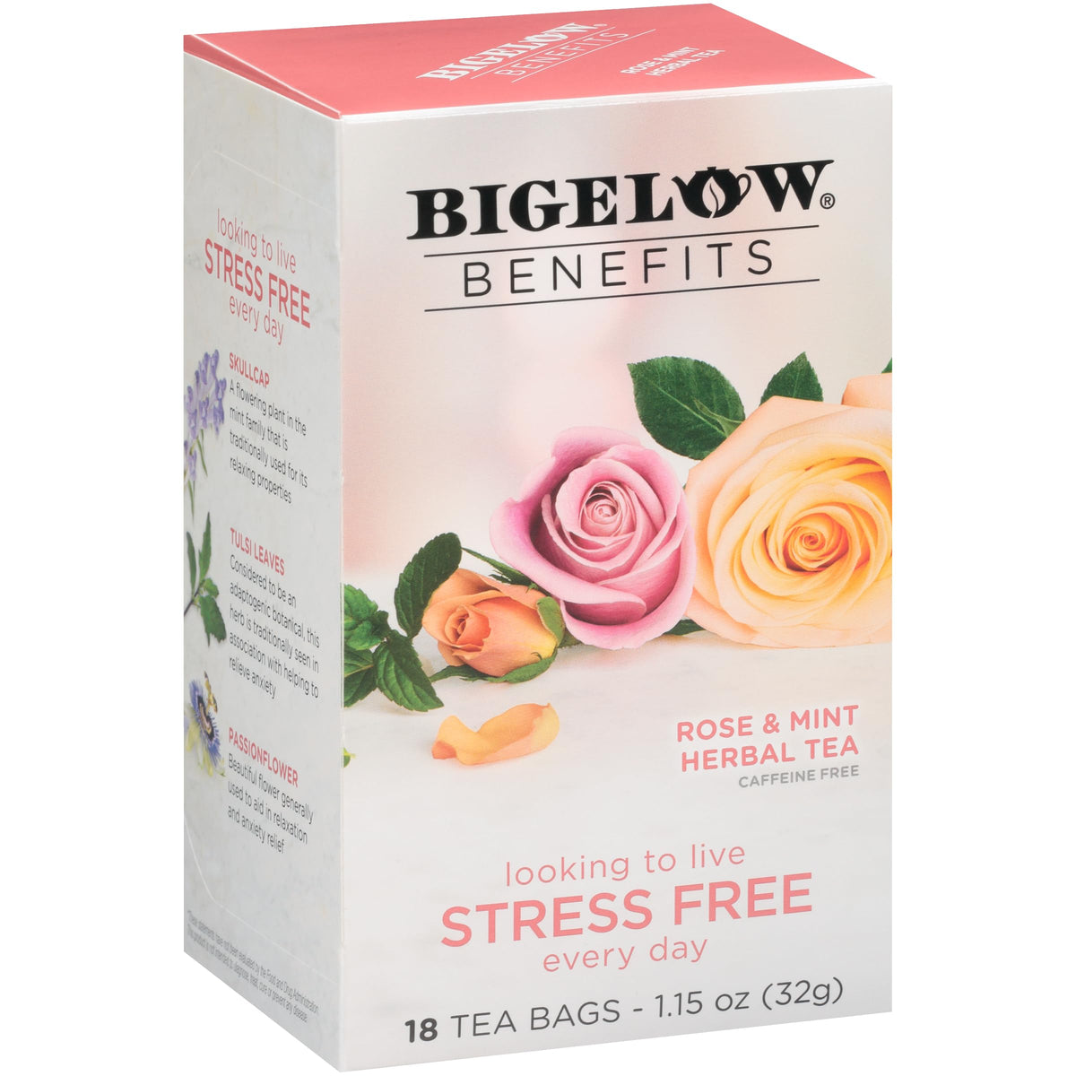 Bigelow Benefits Stress Free Rose & Mint tea bags in foil wrappers preserve peak flavor