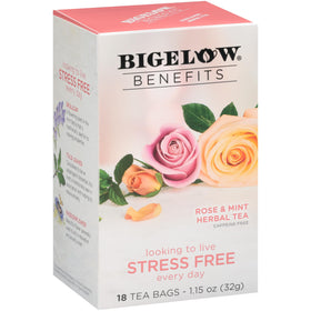 Bigelow Benefits Stress Free Rose & Mint tea bags in foil wrappers preserve peak flavor
