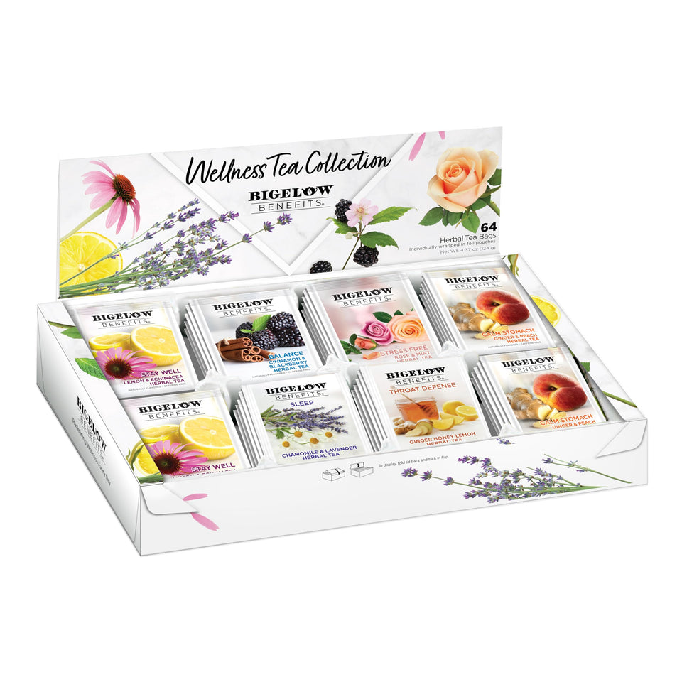 Bigelow Benefits Wellness Tea Collection box shows 64 tea bags for daily ritual.