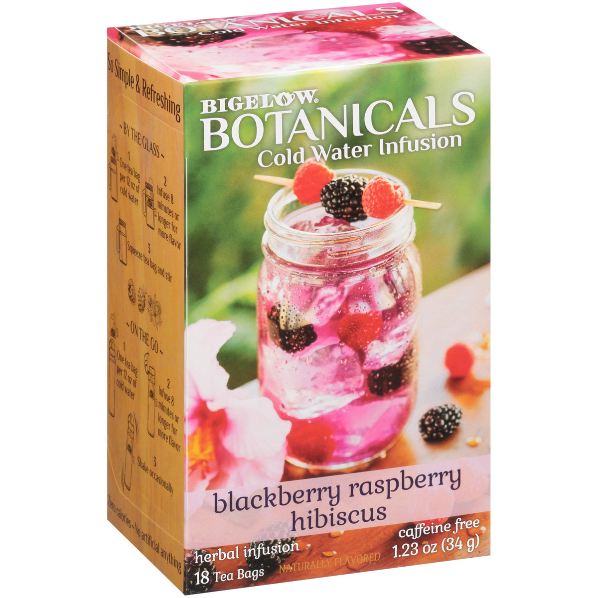 Bigelow Botanicals Cold Water Infusion Blackberry Raspberry Hibiscus tea bag steeping, berry-forward aroma.