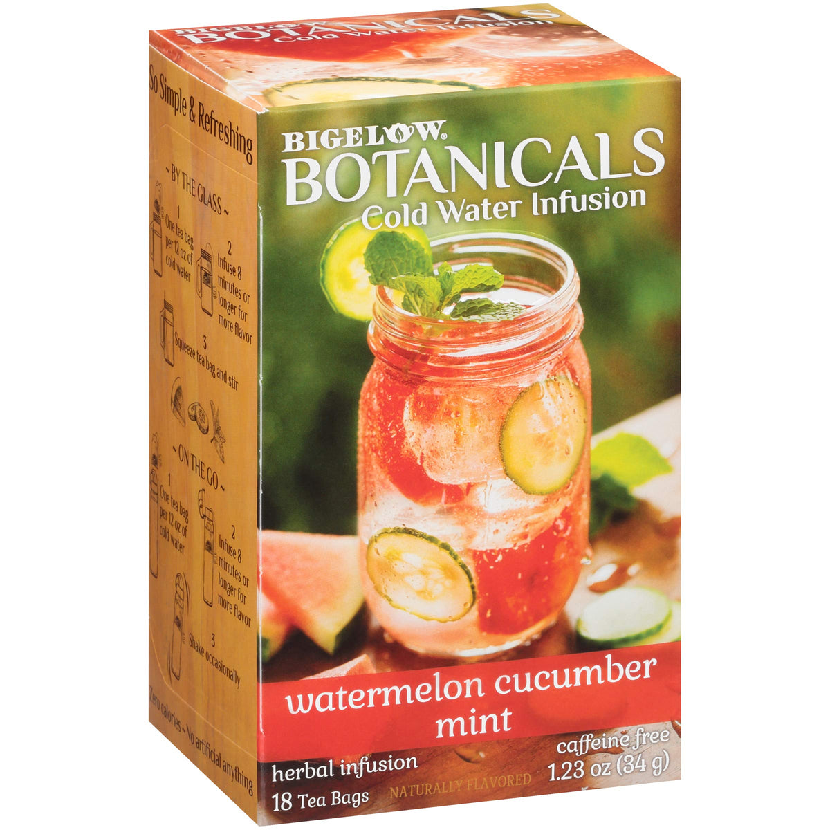 Bigelow Botanicals Cold Water Infusion Watermelon Cucumber Mint box emphasizes light, refreshing infused water.
